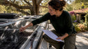 Woman inspecting RV rooftop solar panels outdoors