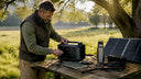 Camper setting up LiFePO4 power station outdoors