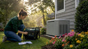 Woman comparing portable and stationary generators in garage