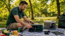 Man setting up home emergency power station