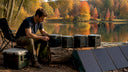 Man testing multiple portable power stations outdoors