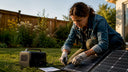 Woman installing rooftop solar emergency system