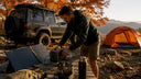 Camper setting up LiFePO4 battery outdoors