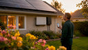 Homeowner inspecting battery-backed solar panels outdoors