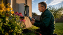 Electrician testing solar panel charge controller outdoors